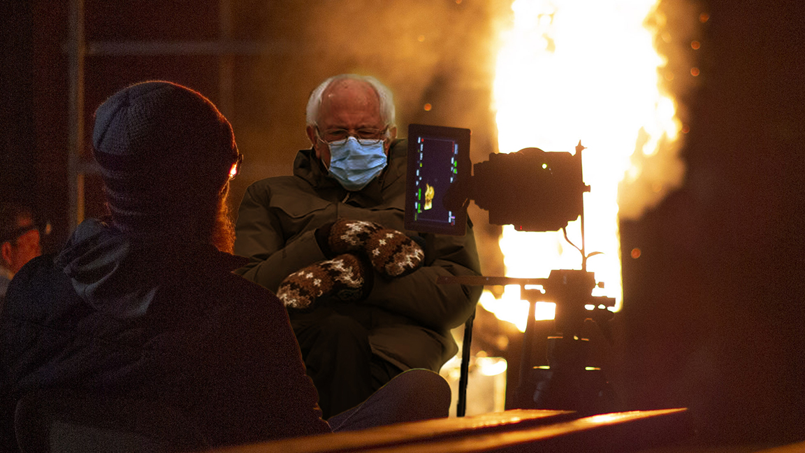 Bernie on set for a fire shoot.