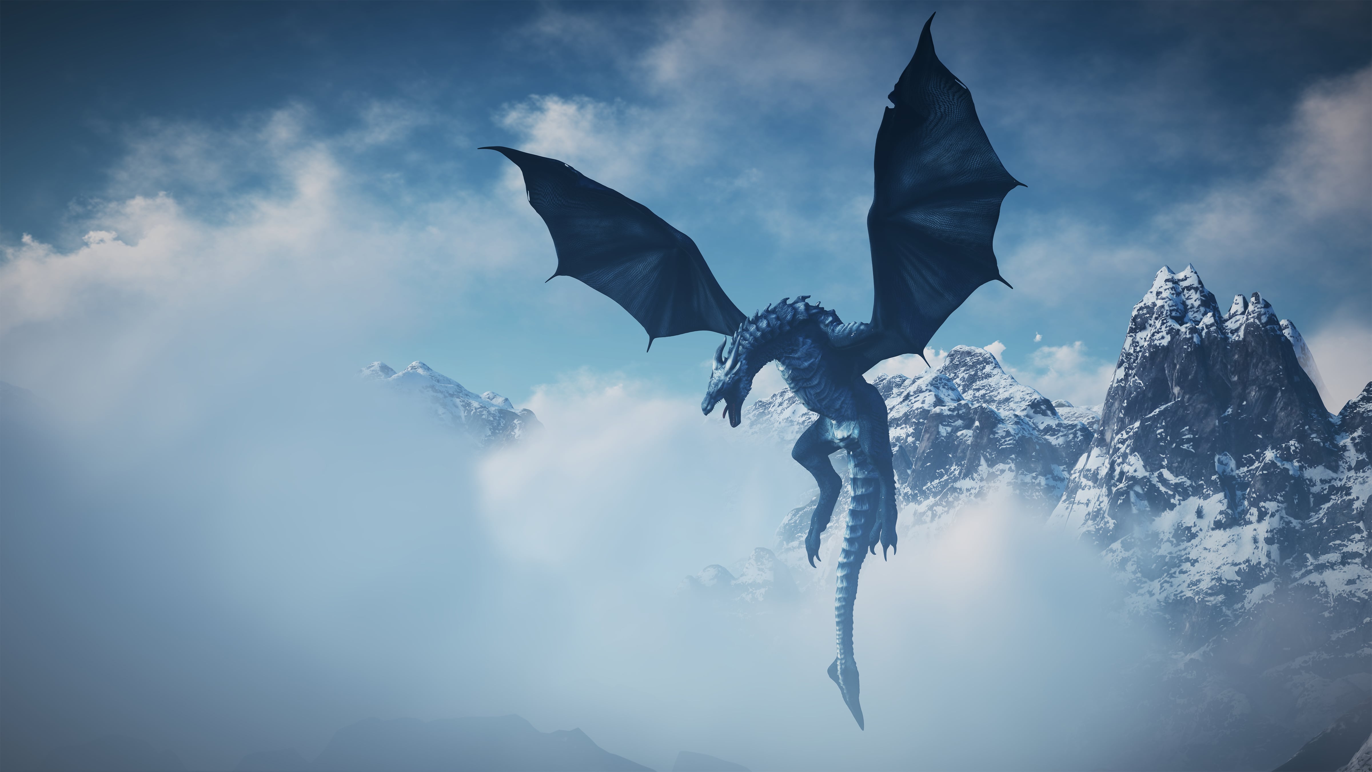 A dragon in snowy and misty mountains, an example of world-building.